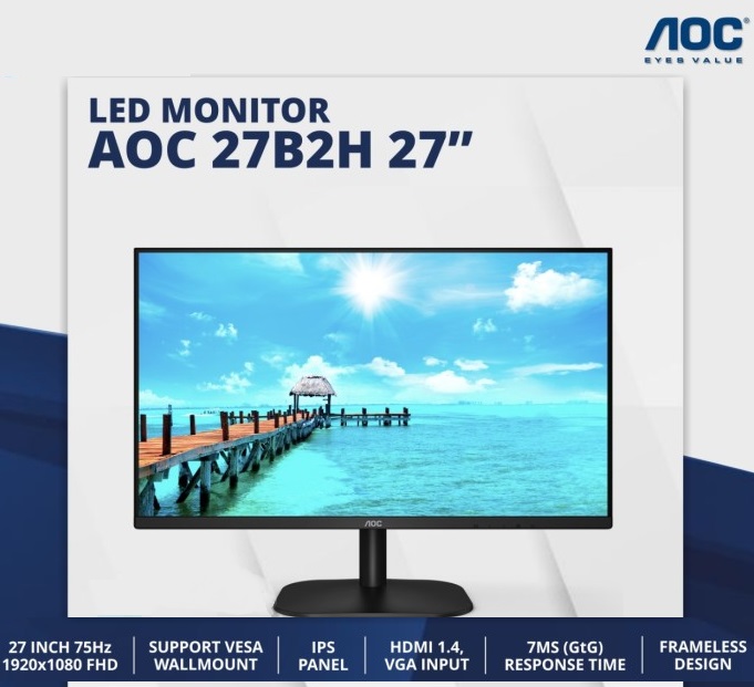 LED Monitor AOC 27B2H 27 Inch IPS 75Hz Full HD HDMI VGA - Mitrajual
